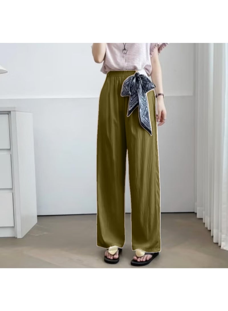 بنطلون بالازو واسع الساقين بمقاس حر، مزود بحزام خصر مطاطي وحزام وشاح مزخرف للنساء - Image 2